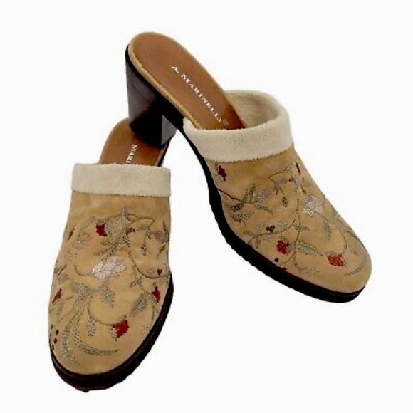 A Marinelli Printed Tan Floral Suede Embroidered 2.5” Heeled Clog Mule Women’s 8 - Picture 6 of 9